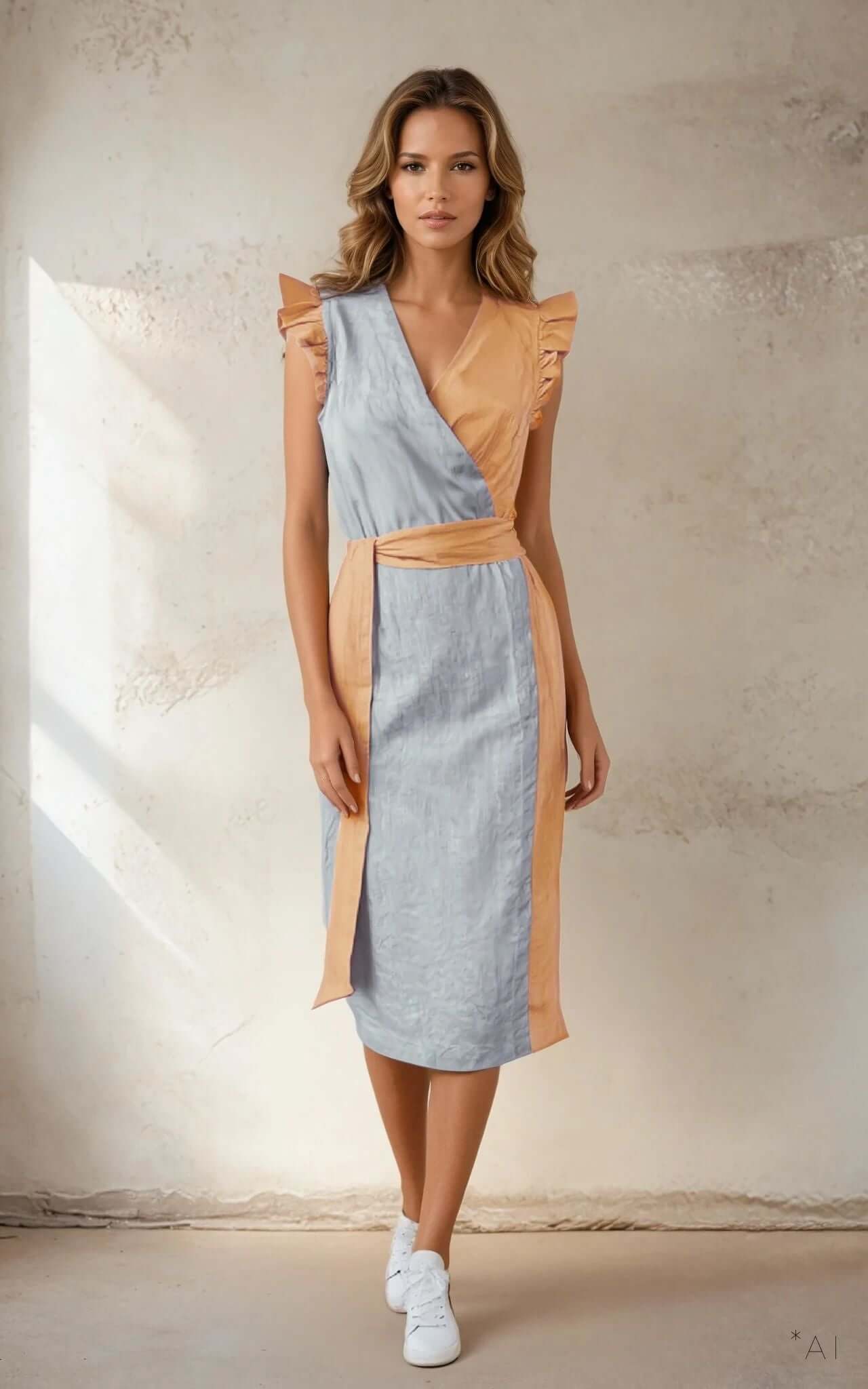 Linen Dual Dress - Sample Piece #1 displayed on a model, featuring ruffle sleeves and a two-tone design.