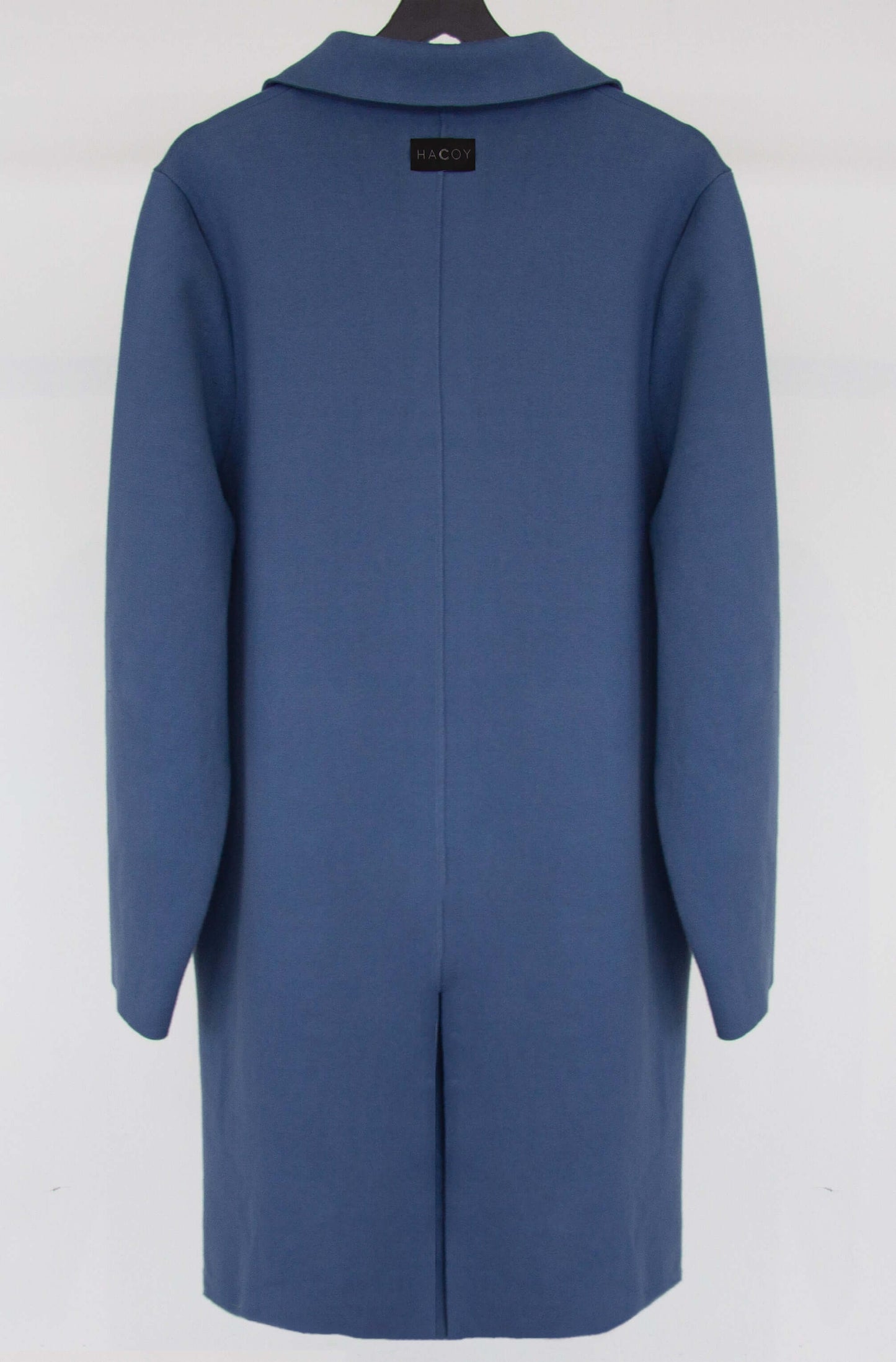 Back view of the Stone Blue Organic Cotton & Cashmere Coat (Pre-order) highlighting its elegant design.
