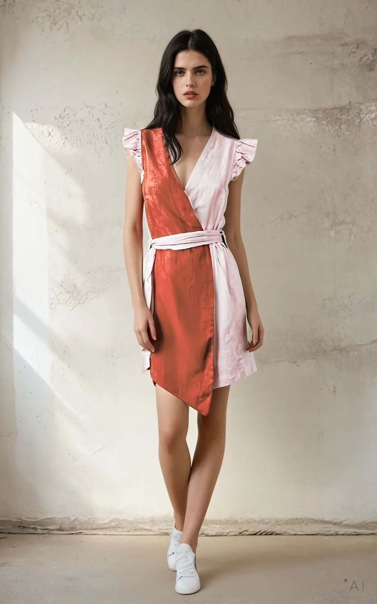 Linen Dual Dress - Sample Piece #2 on a model, featuring ashberry and light pink colors with ruffled shoulders.