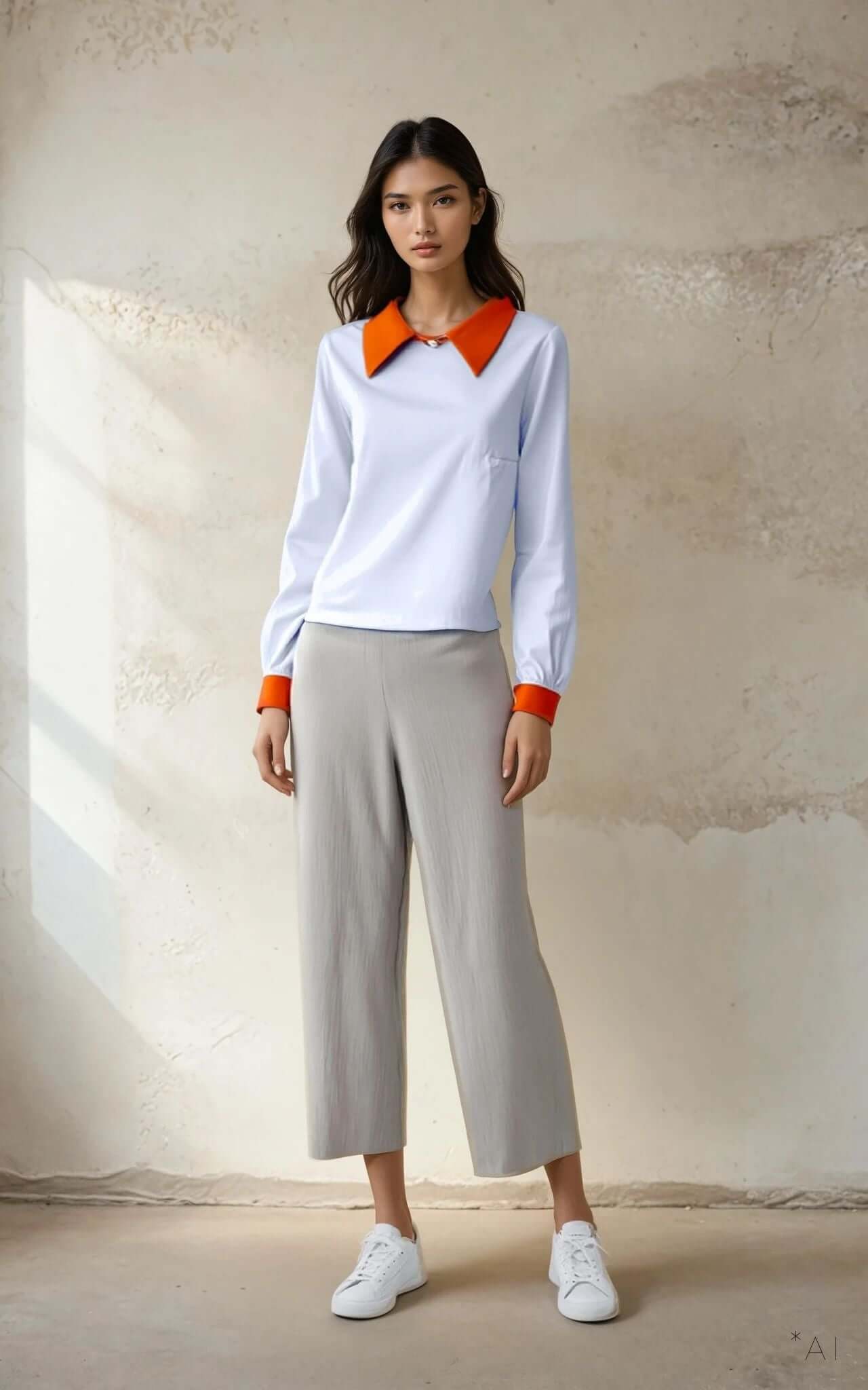 Linen Women Trousers - Sample Piece in beige worn with white and orange top, model posing indoors.