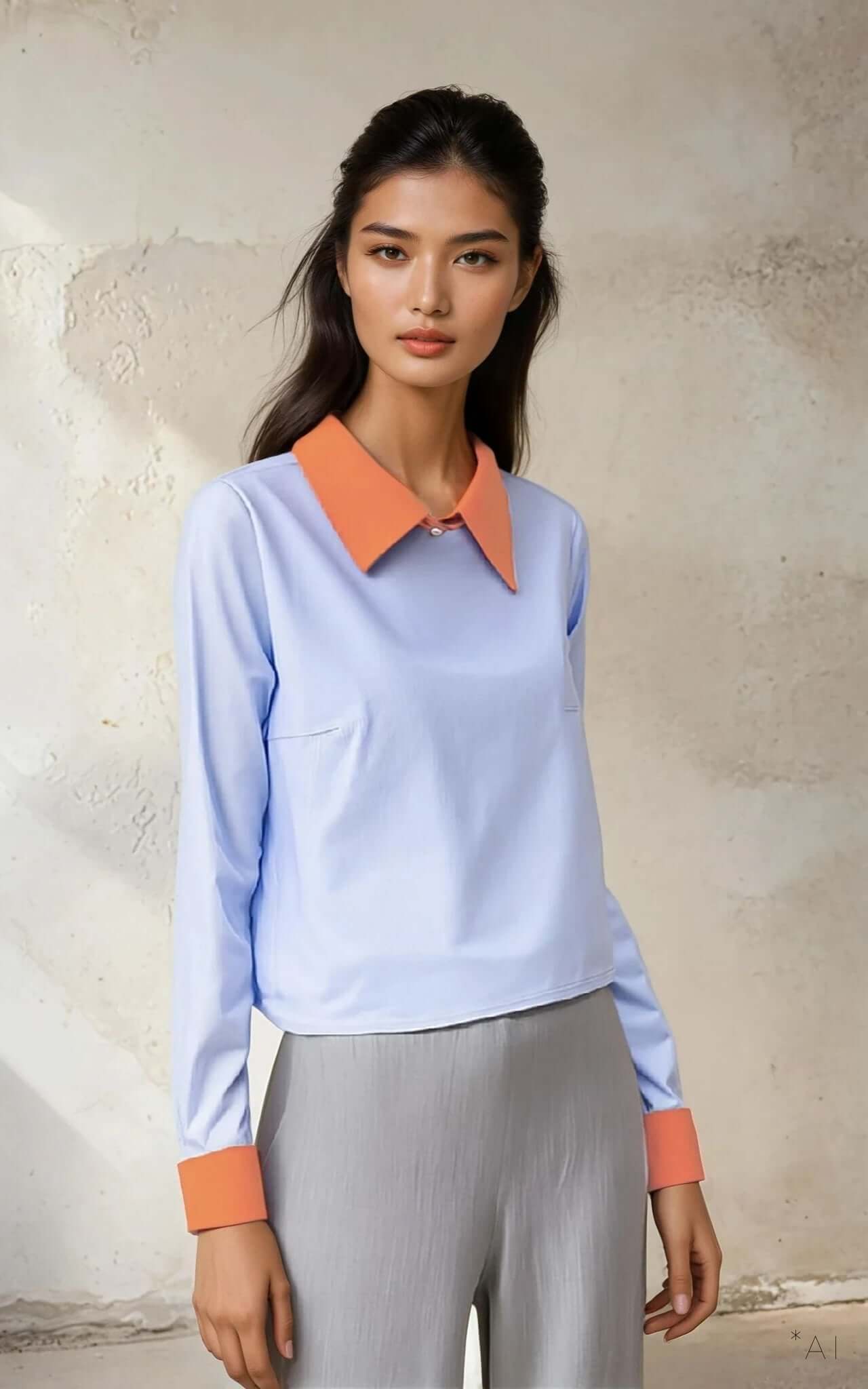 Linen Blouse - Sample Piece in blue with orange collar, stylish office wear that combines professionalism with flair.