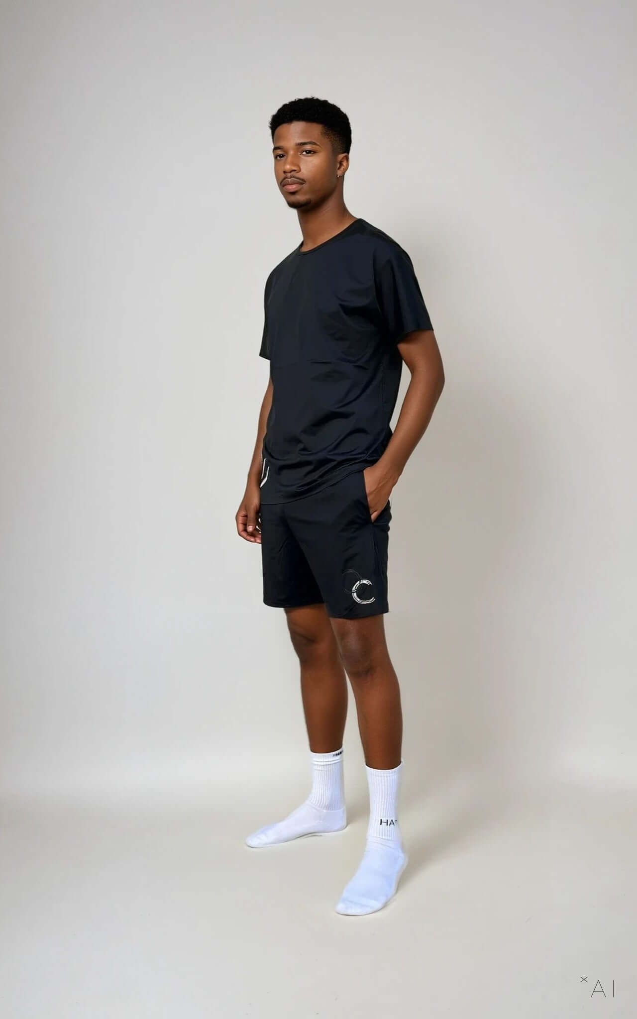 Model wearing Sports Shorts (Unisex) and a matching black top, showcasing activewear for movement and comfort.