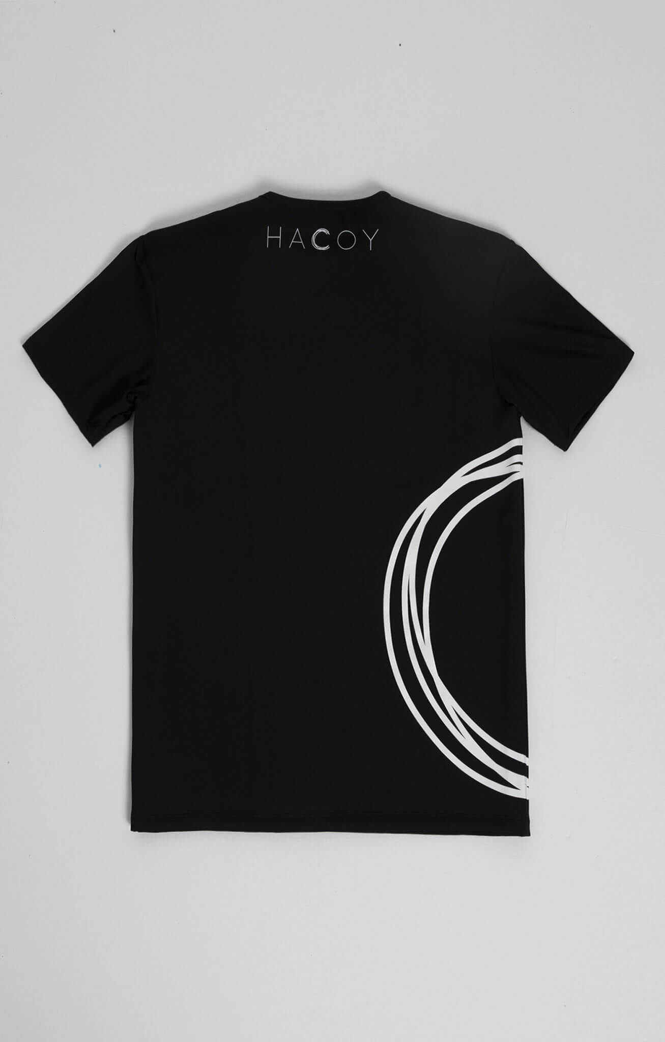 Perfectly Imperfect Sport Shirt back view with HACOY logo and circular design in white on black fabric.