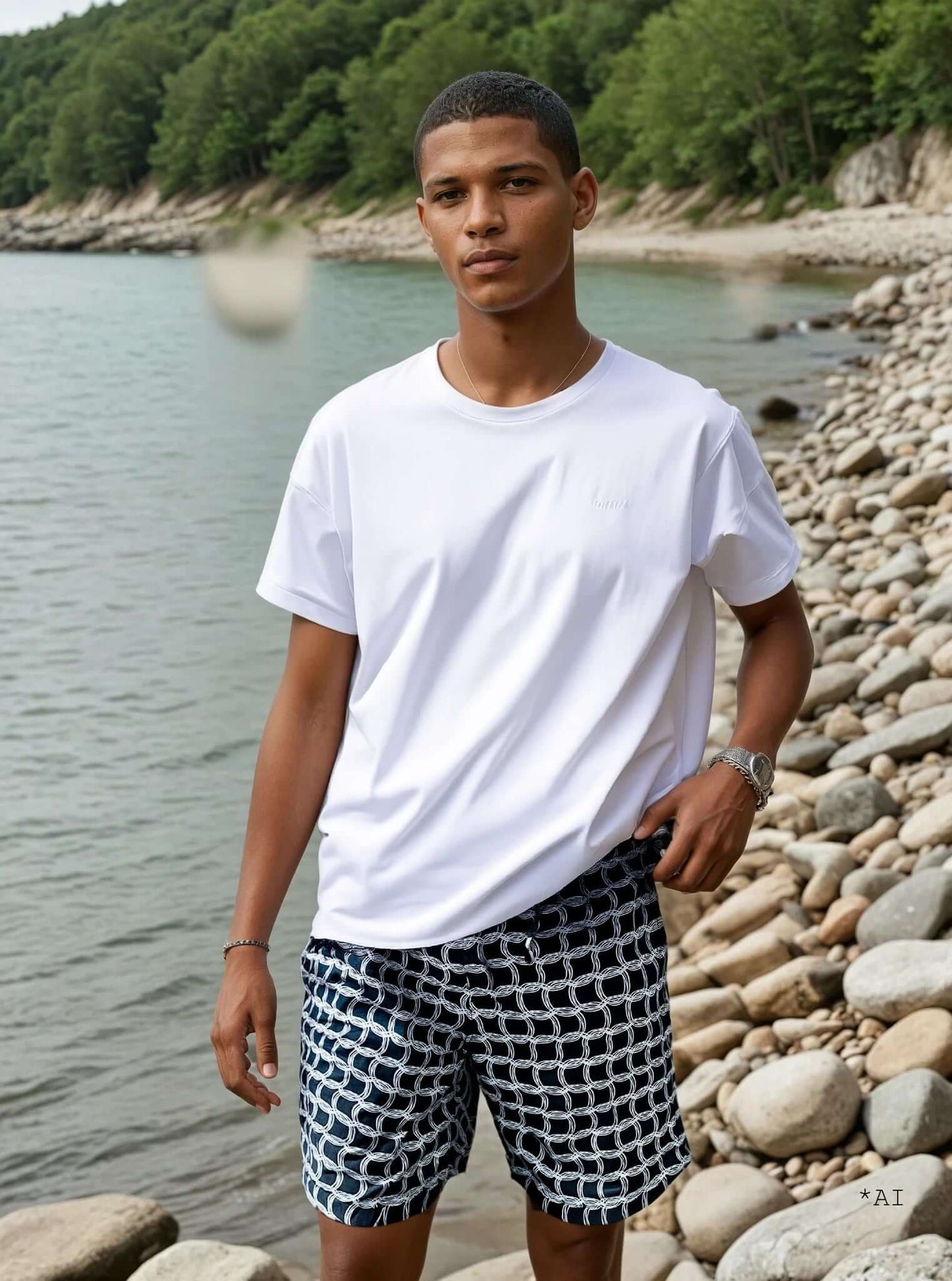 Monogram Swim Shorts on model by the water, showcasing bold design and quick-dry fabric perfect for summer activities.
