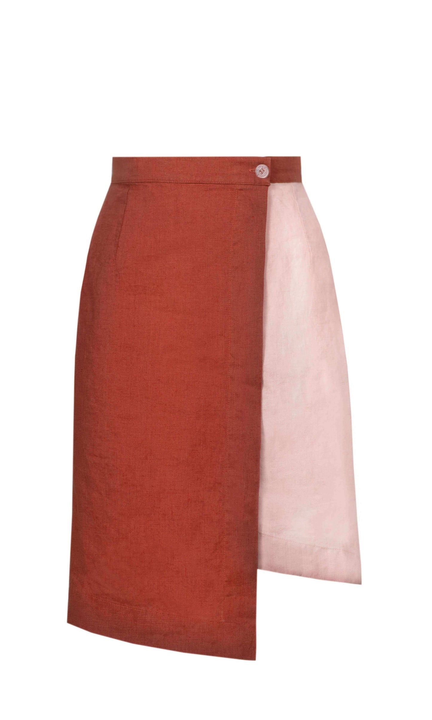 Linen Skirt in rust and pink color block design, perfect for a confident business environment.