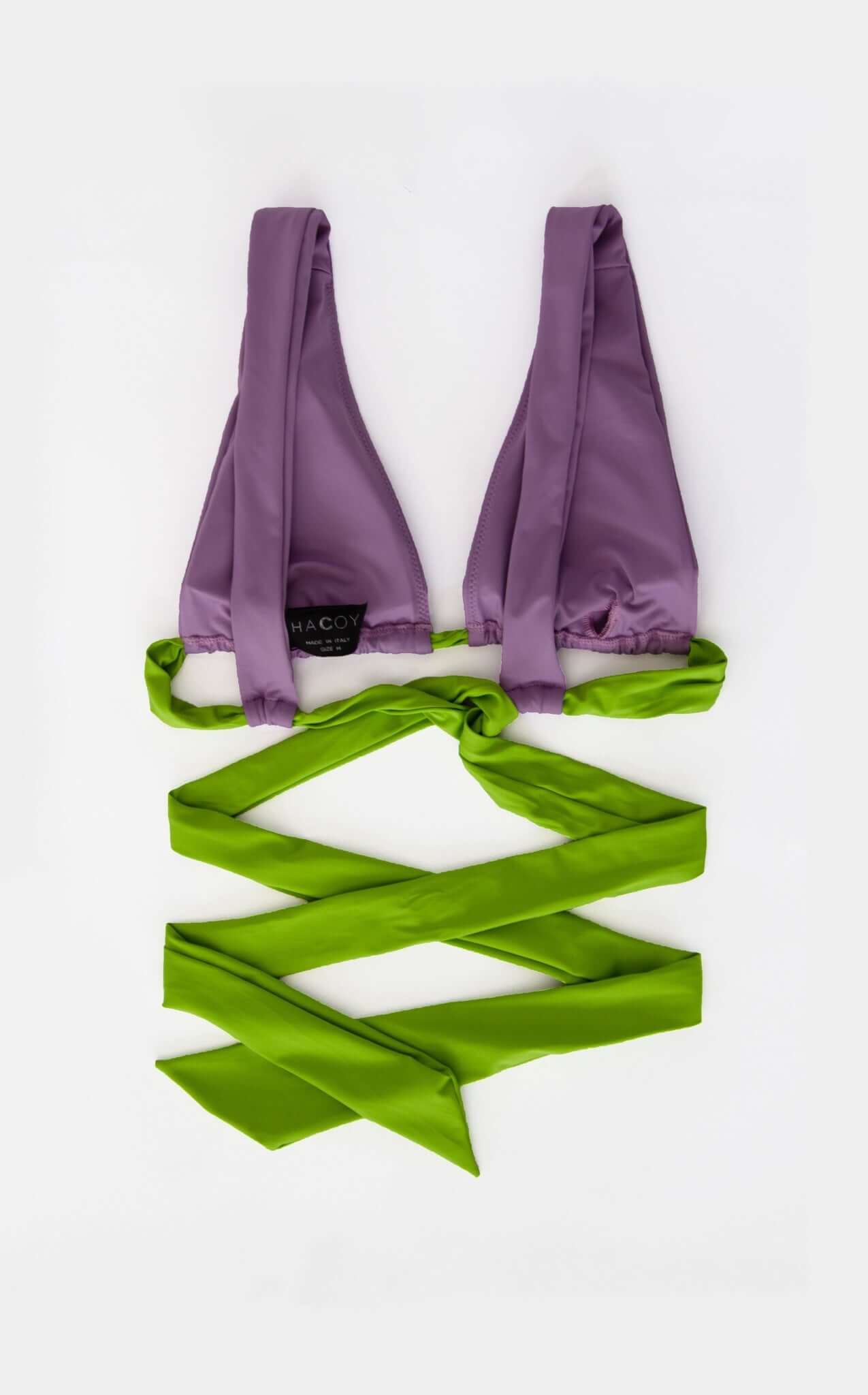 Dual Bikini top in purple and green with hardware-tipped ties for adjustable fit and unique style.