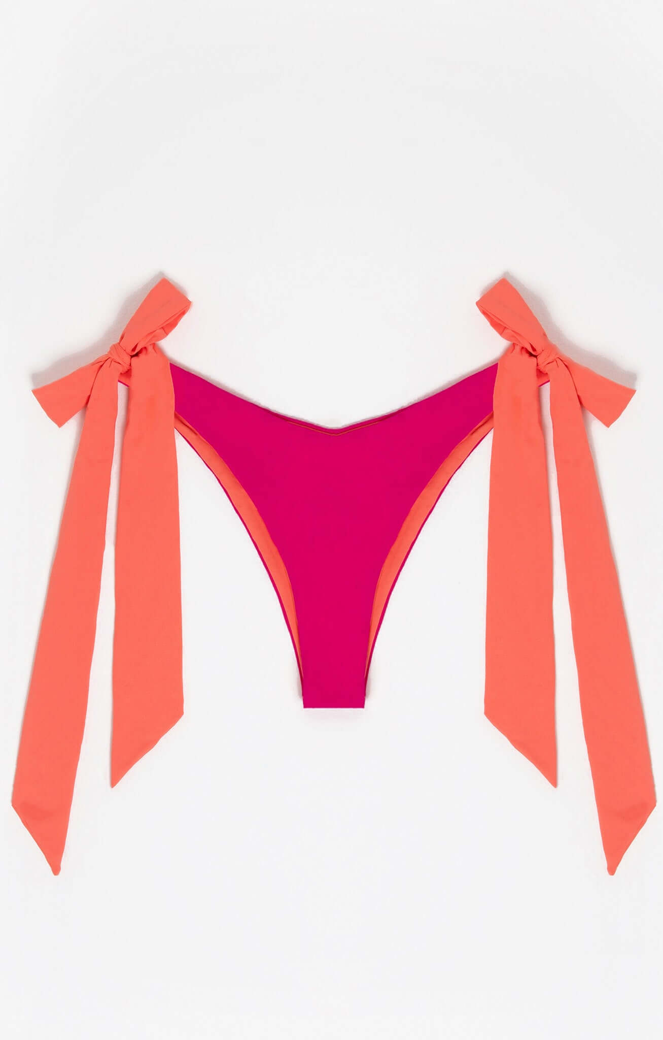 Dual Bikini high cut bottom in bright pink and orange with hardware-tipped ties on the sides.