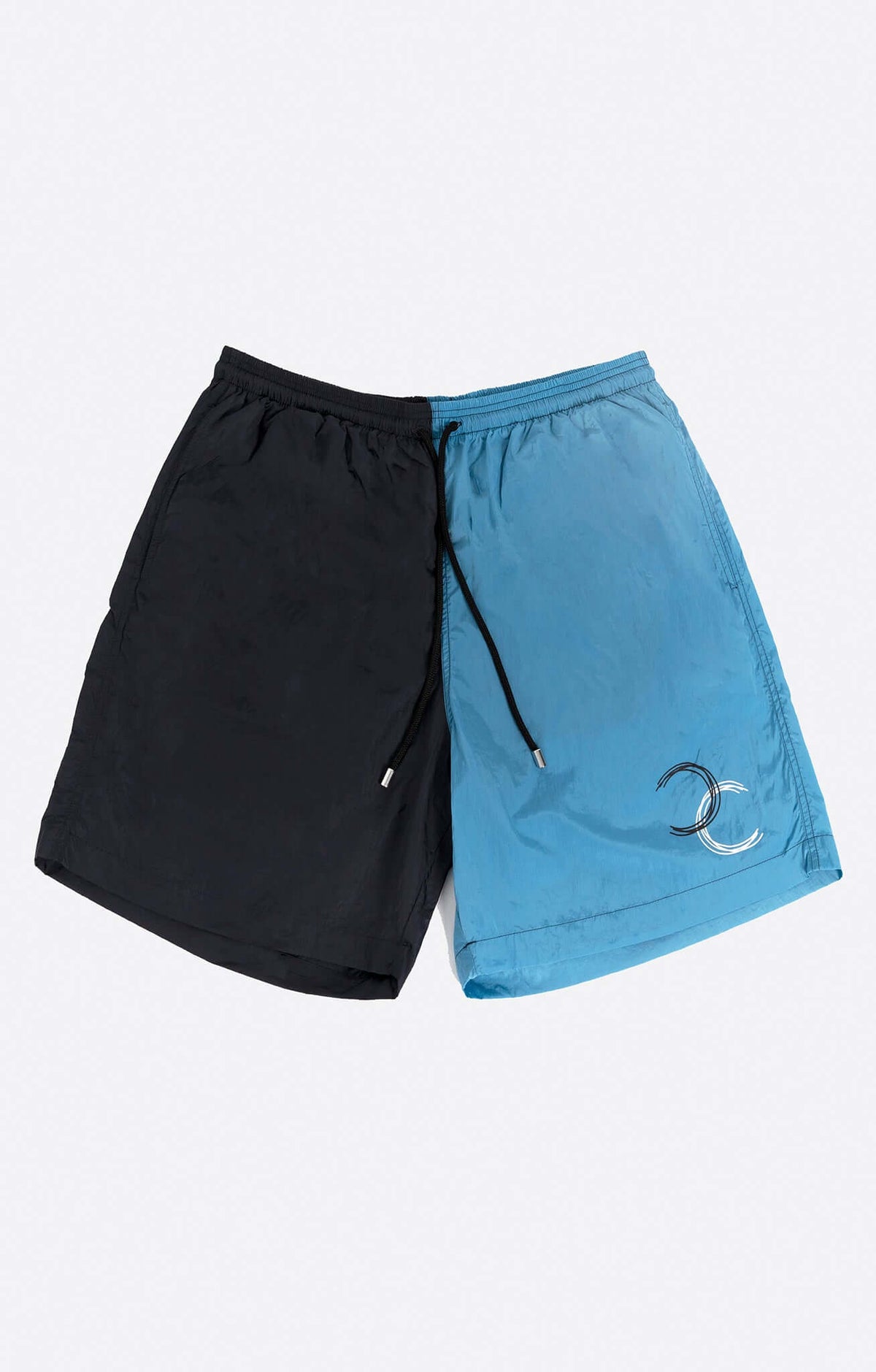 Dual Swim Shorts in navy and light blue with drawstring closure and brand monogram.