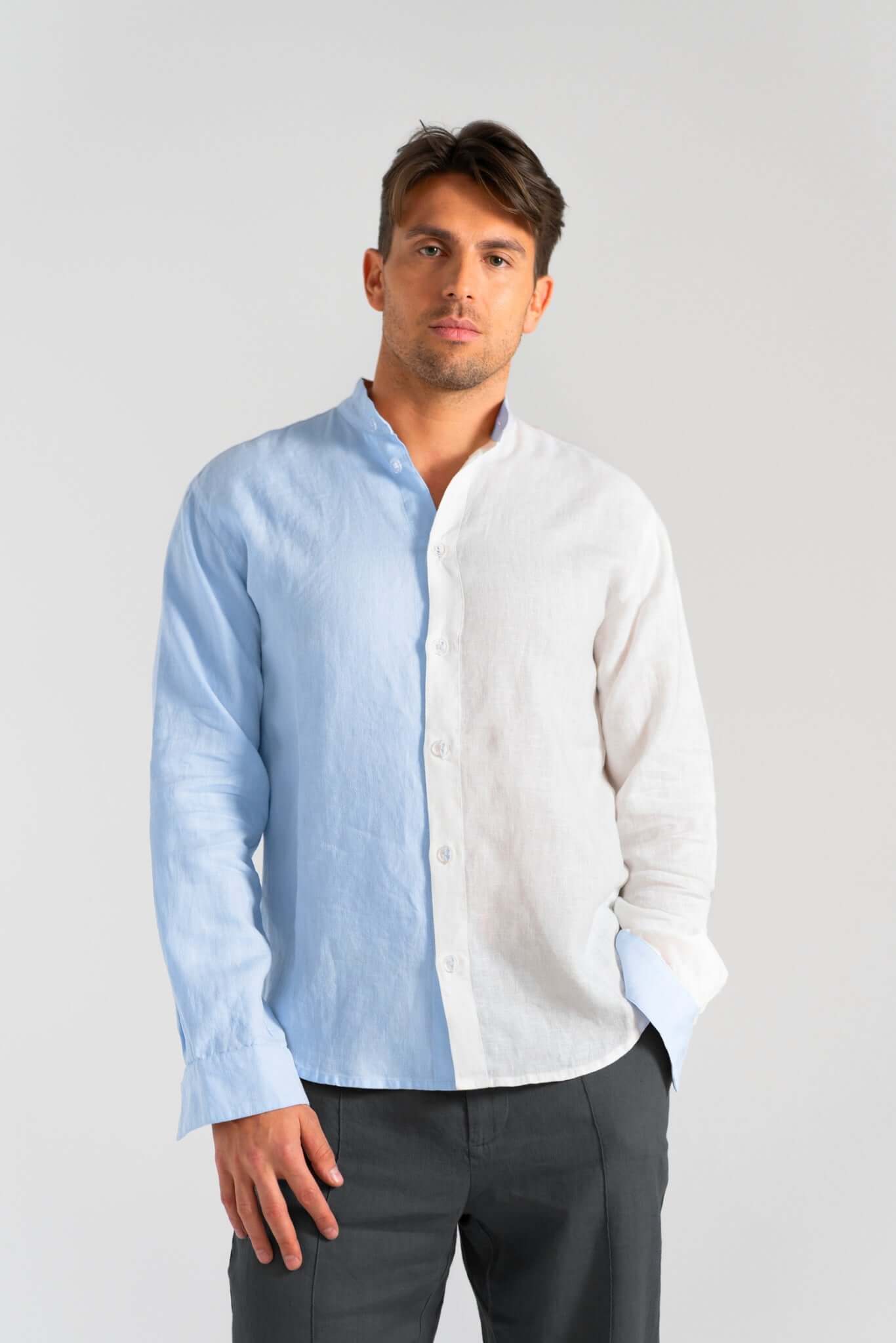 Linen Dual Shirt (Pre-owned) model wearing a stylish blue and white linen shirt, showcasing its unique design.