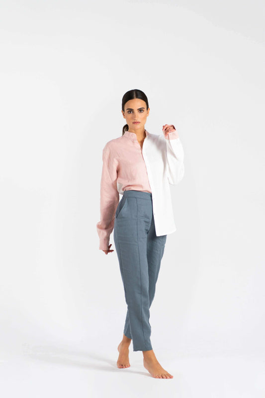 Linen Dual Shirt (Pre-owned) displayed on a model, featuring a stylish pink and white design.