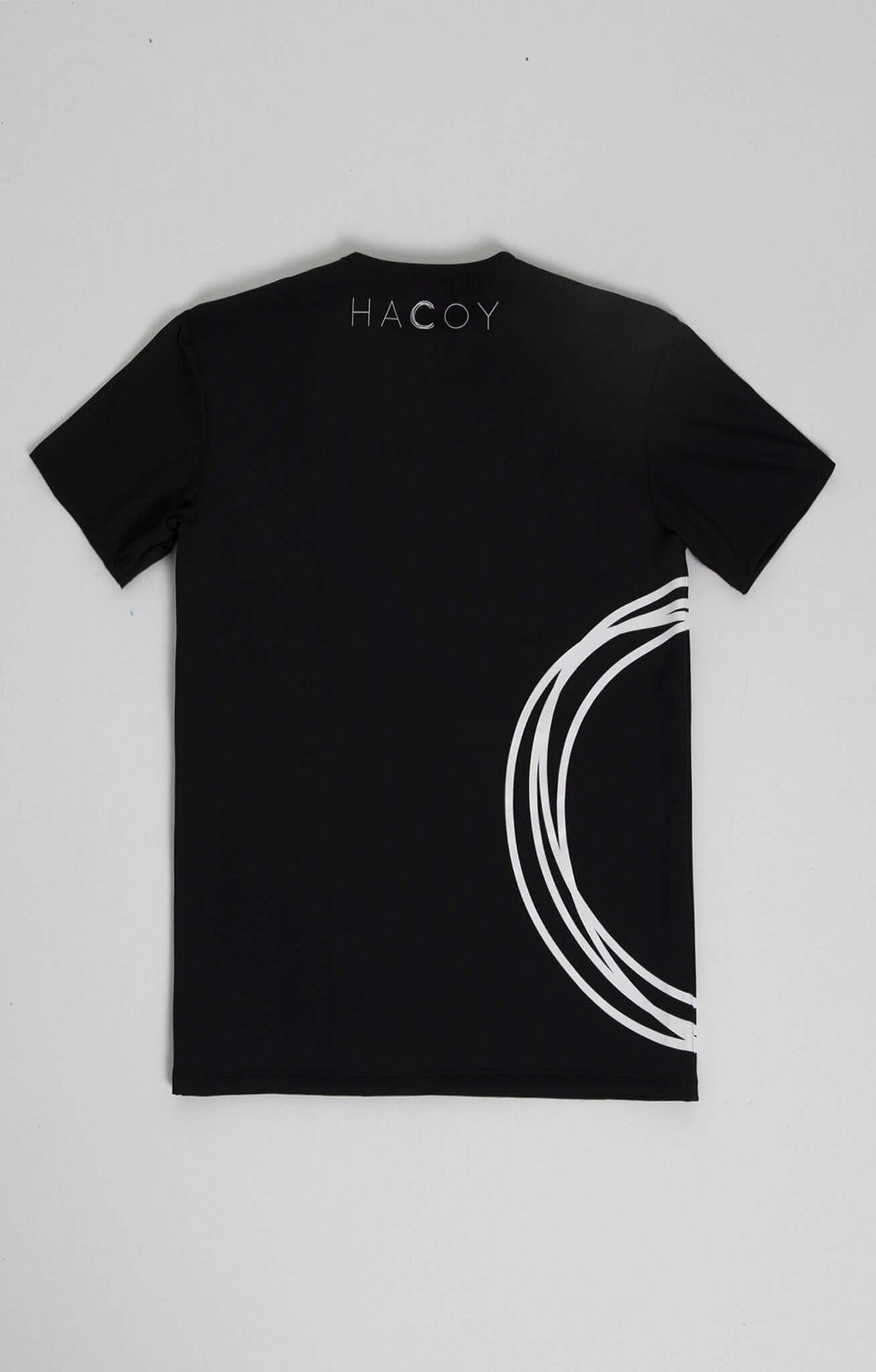 Sports Shirt in black with white design details and HACOY branding on the back, showcasing a modern athletic style.