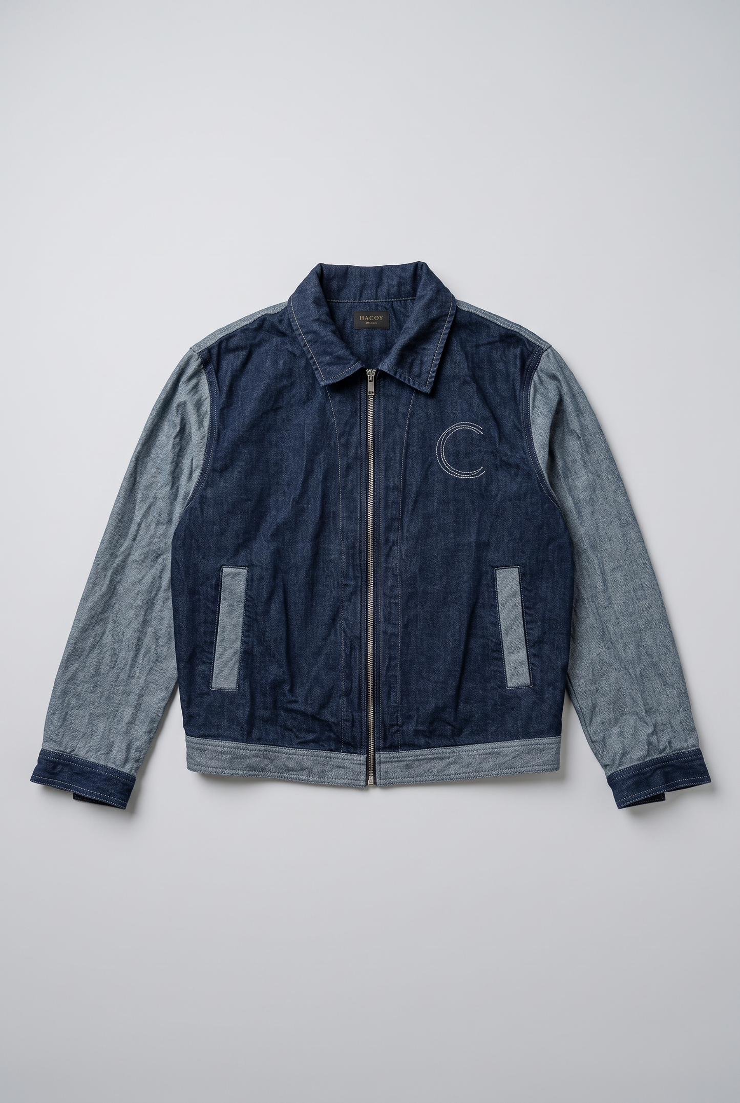 HACOY denim jacket front, two tone block denim, monogram and logo