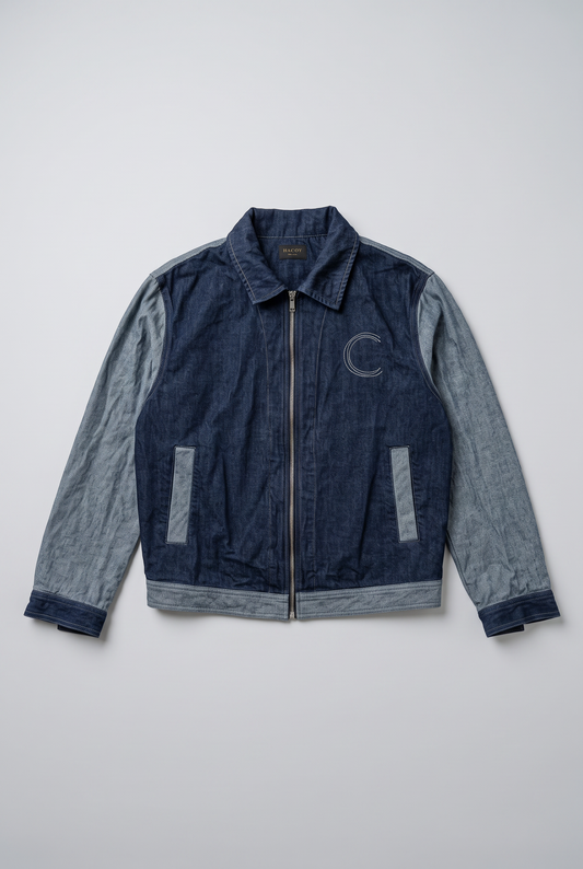 HACOY denim jacket front, two tone block denim, monogram and logo