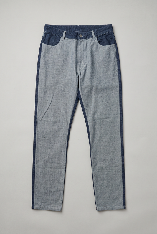 HACOY denim jeans front, two tone block denim