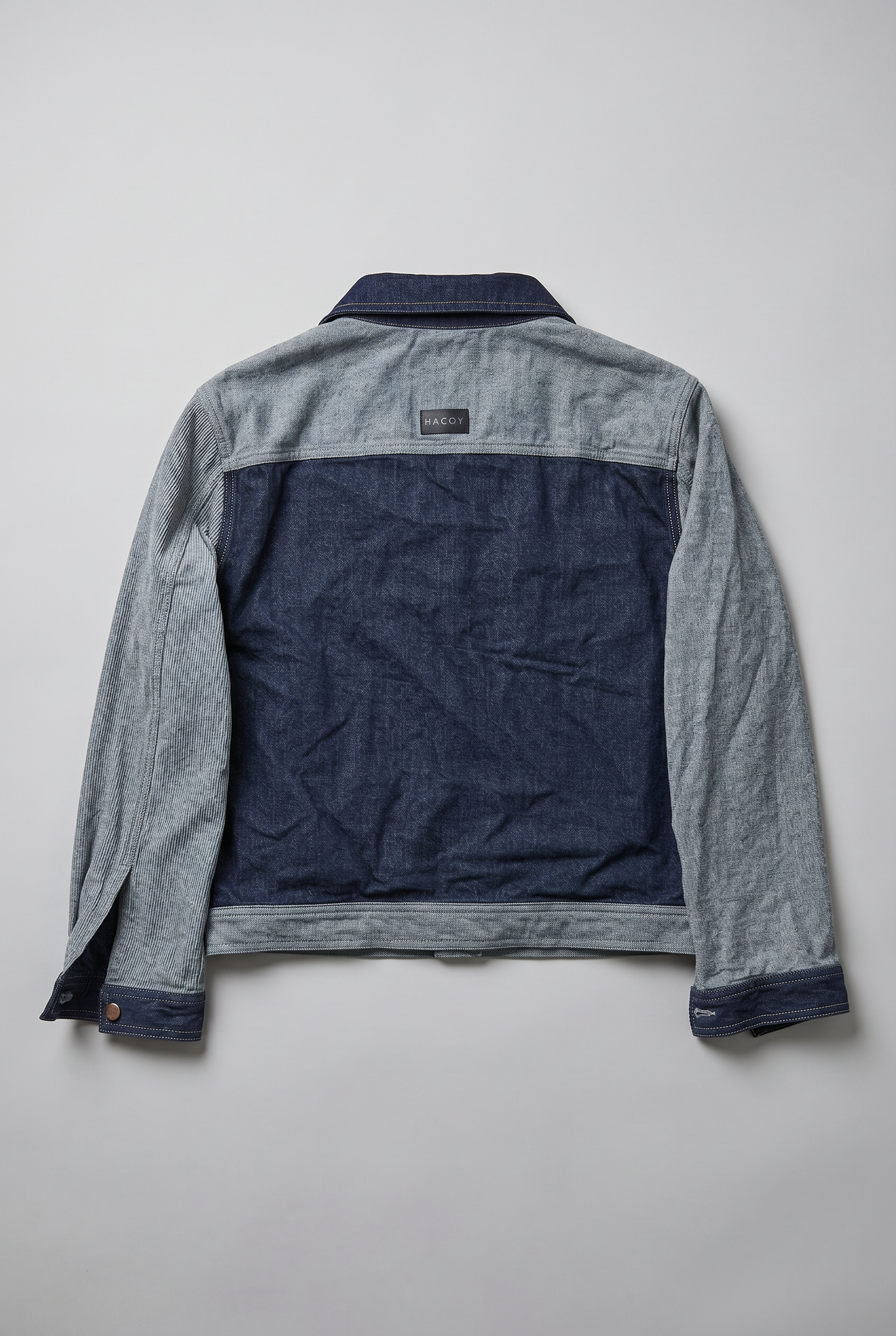 HACOY denim jacket back, two tone dark blue and grey