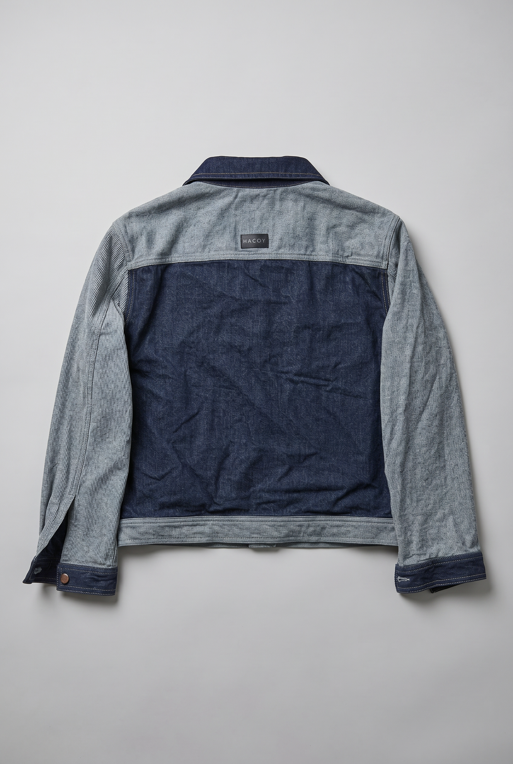 HACOY denim jacket back, two tone dark blue and grey