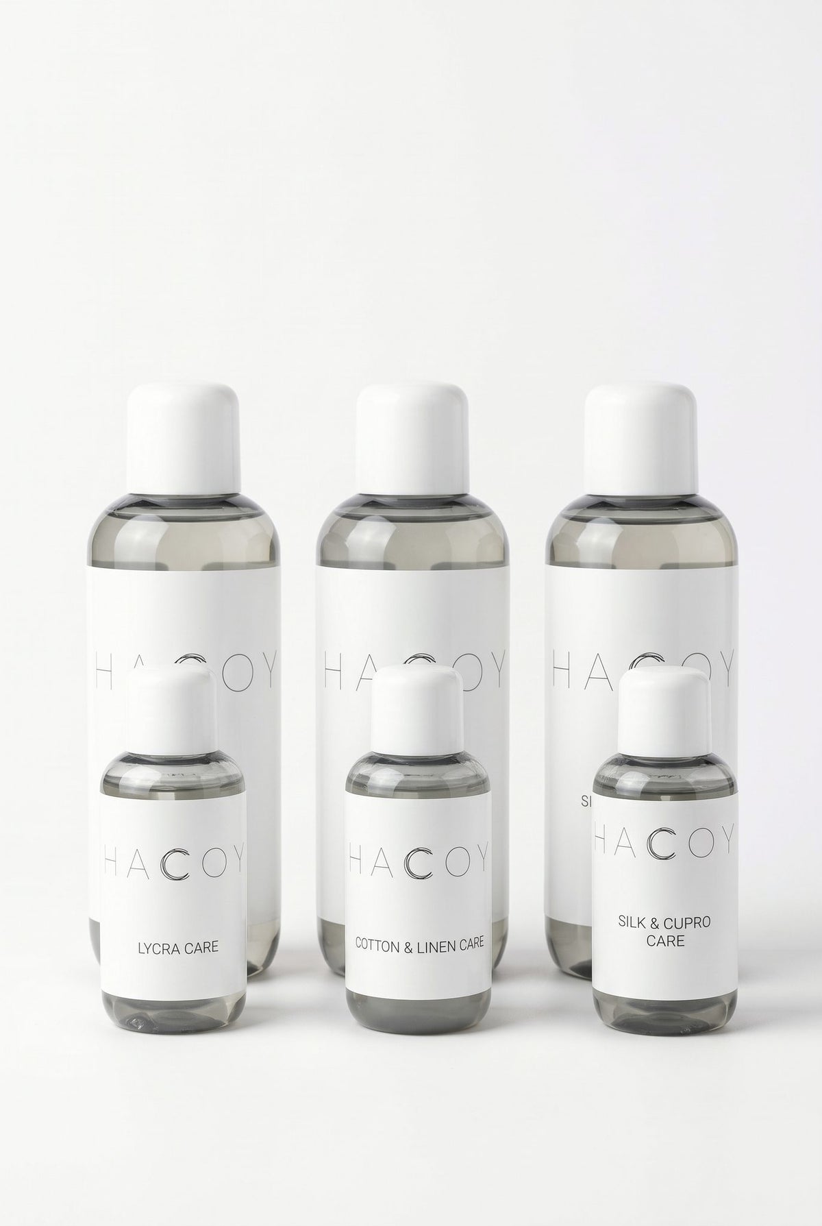 HACOY care collection, three products in 240 ml and 50 ml, English labels