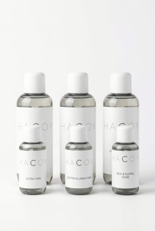 HACOY care collection, three products in 240 ml and 50 ml, English labels