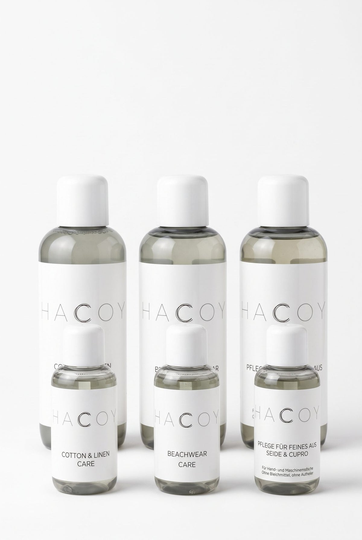 HACOY Pflegeserie, drei Produkte in 240 ml und 50 ml, deutsche Etiketten