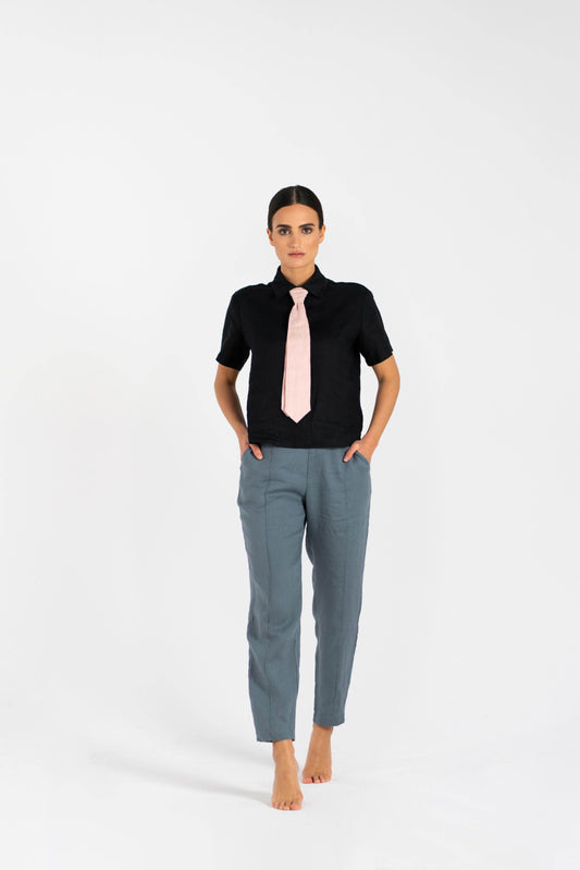 Linen Tie Shirt with Pink Tie worn by Model Laura from the Home Office Wear Collection at HACOY