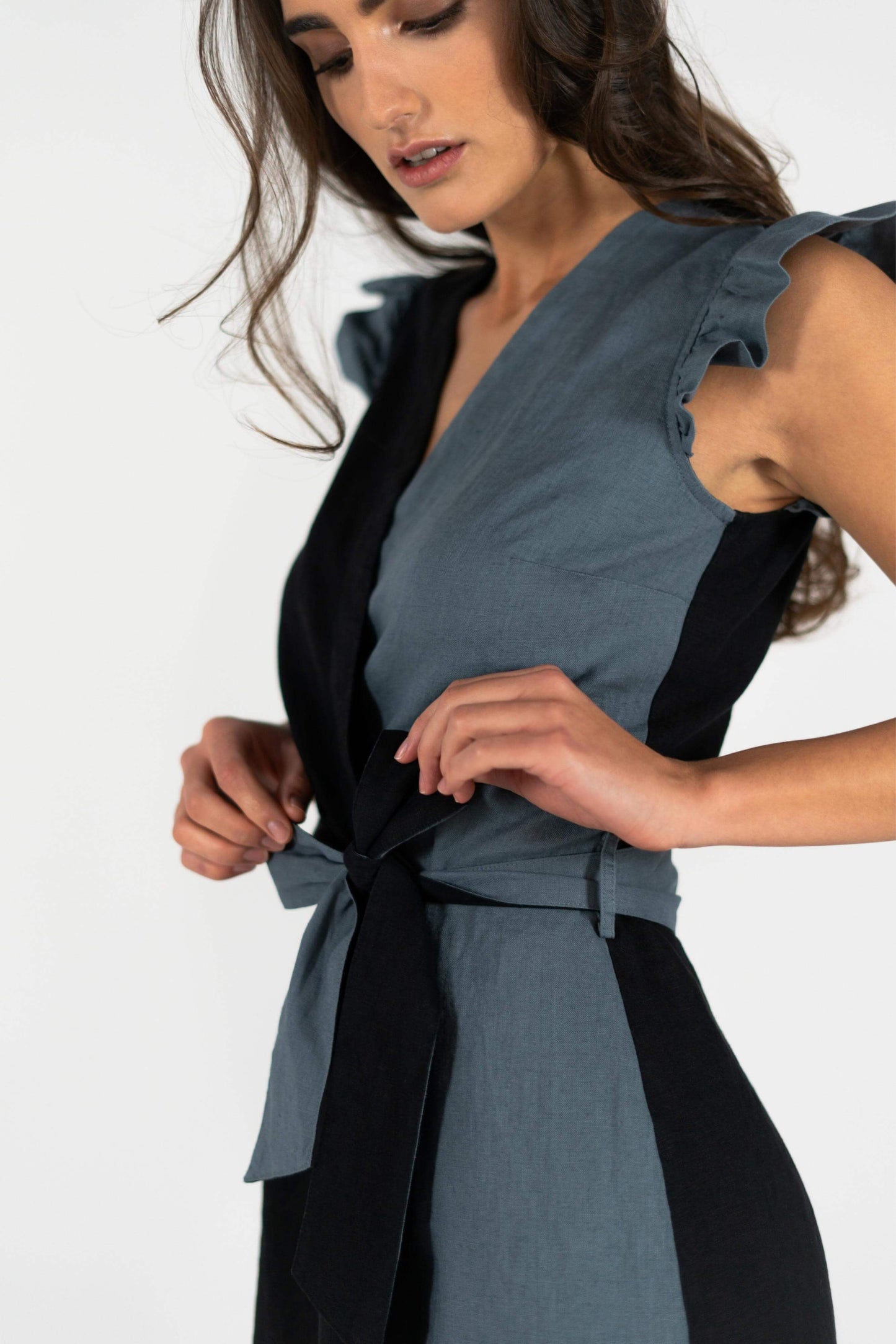 Side View of the Black and Grey Linen Dual Dress worn at HACOY